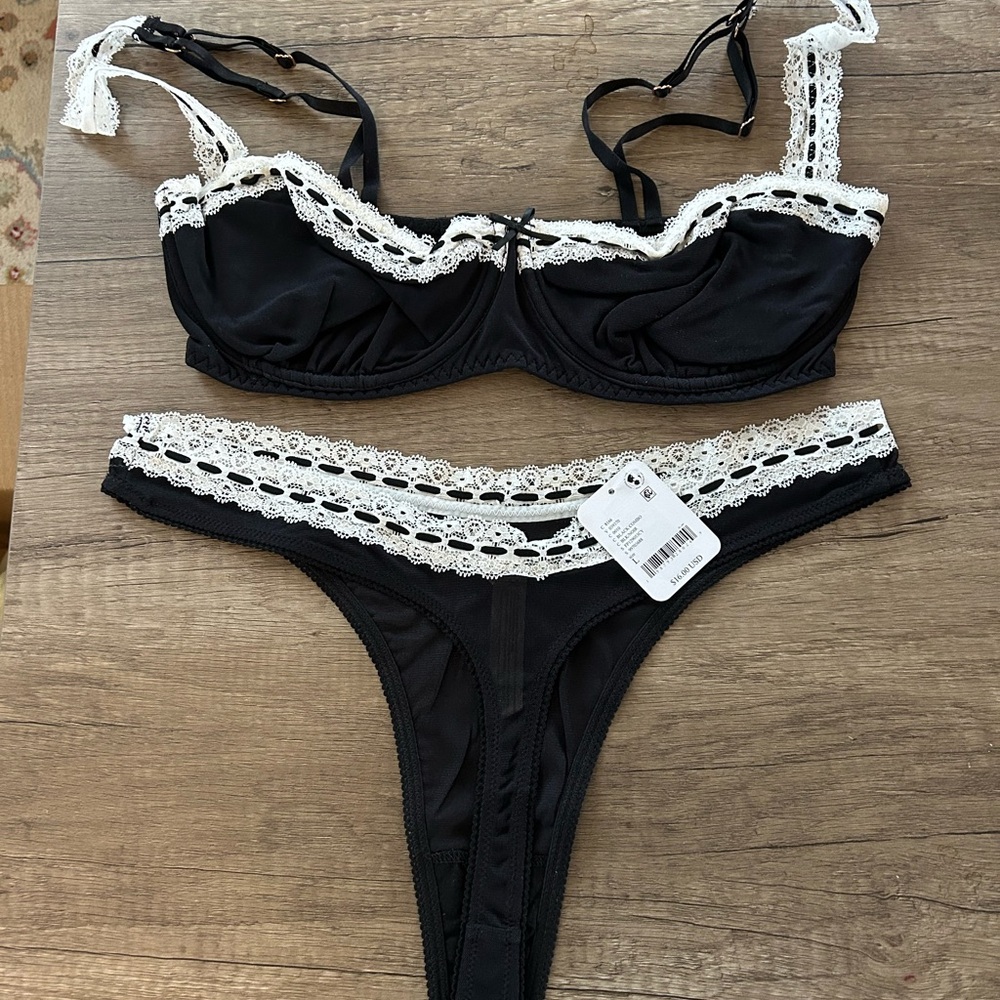 Free People Black Lace Trim Bra & Thong Set